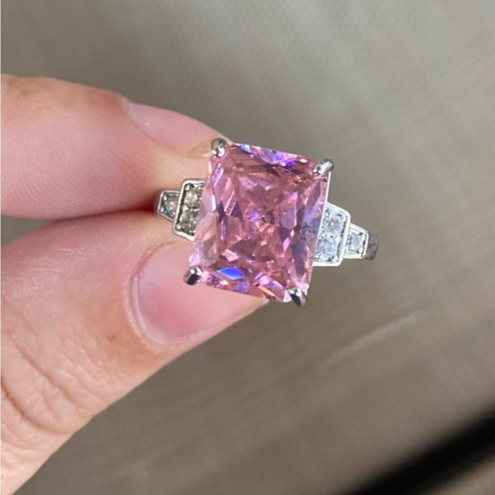 Pink Cushion Ting, Birthstone, October, Elegant Pink Gemstone Silver Ring 8, CZ